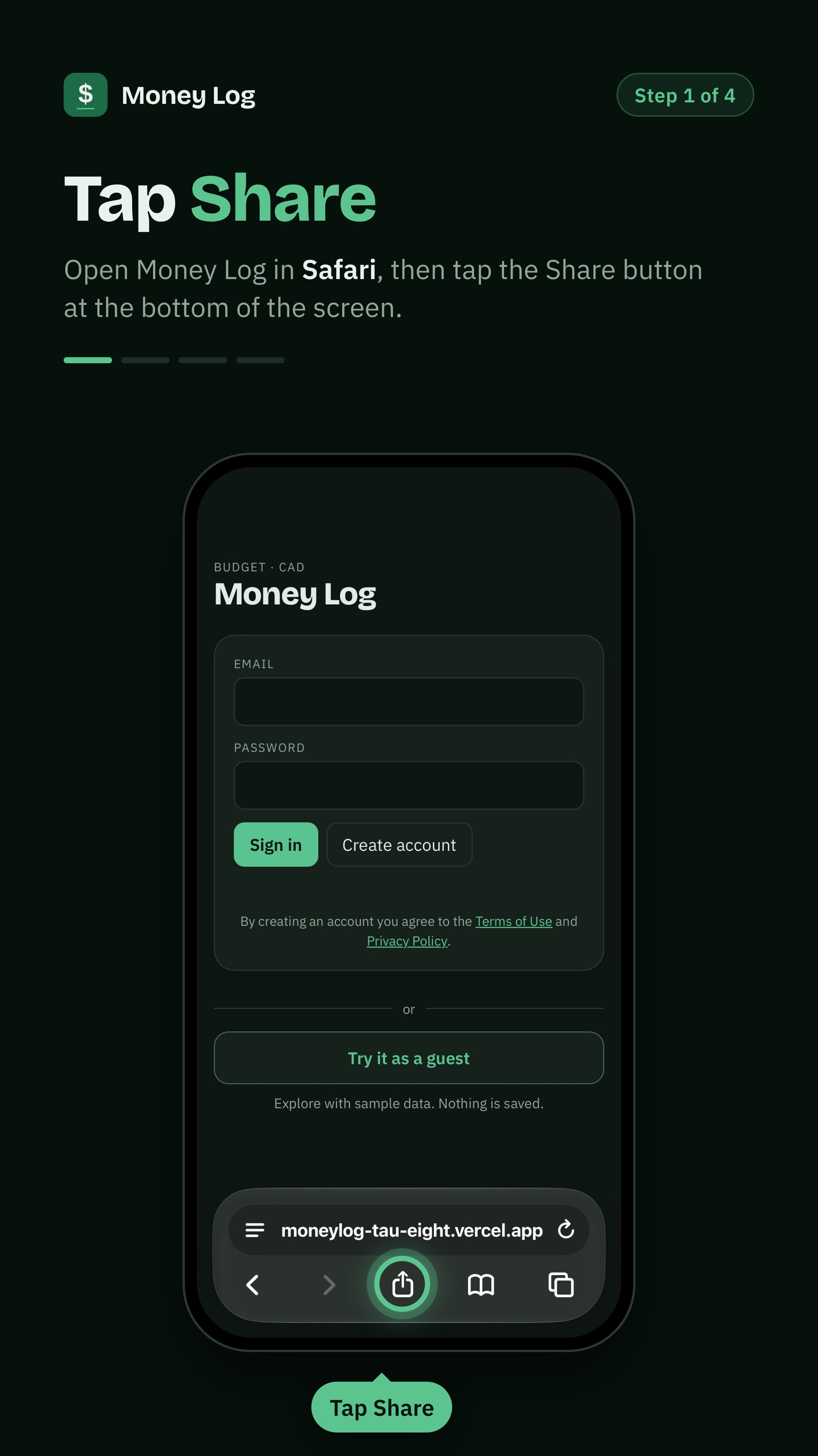 Step 1: open Money Log in Safari and tap the Share button at the bottom