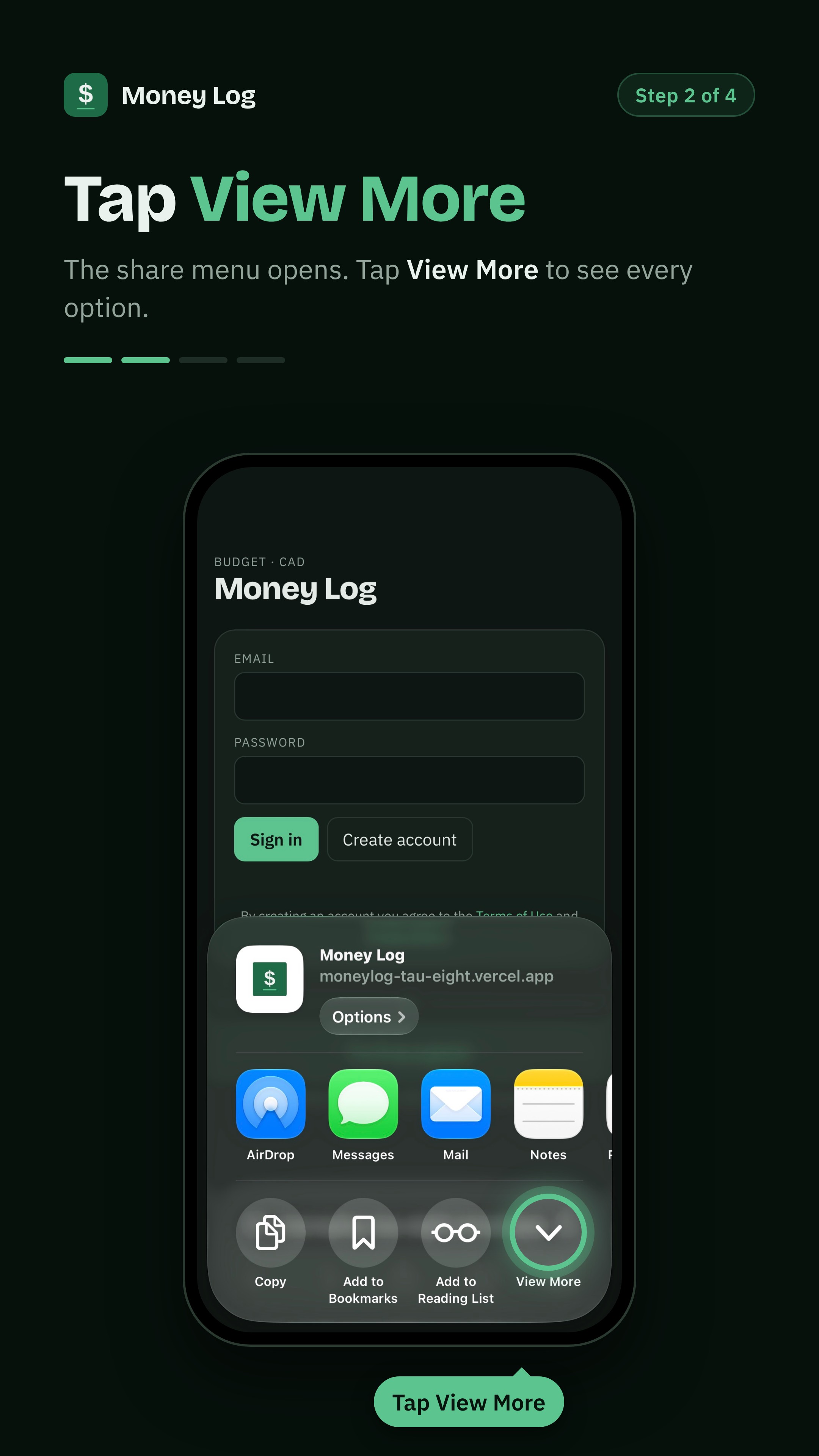 Step 2: in the share menu, tap View More